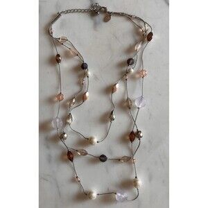 Lia Sophia Vintage 18” Silver tone Necklace With Earth tone Glass Beads 3 Strand